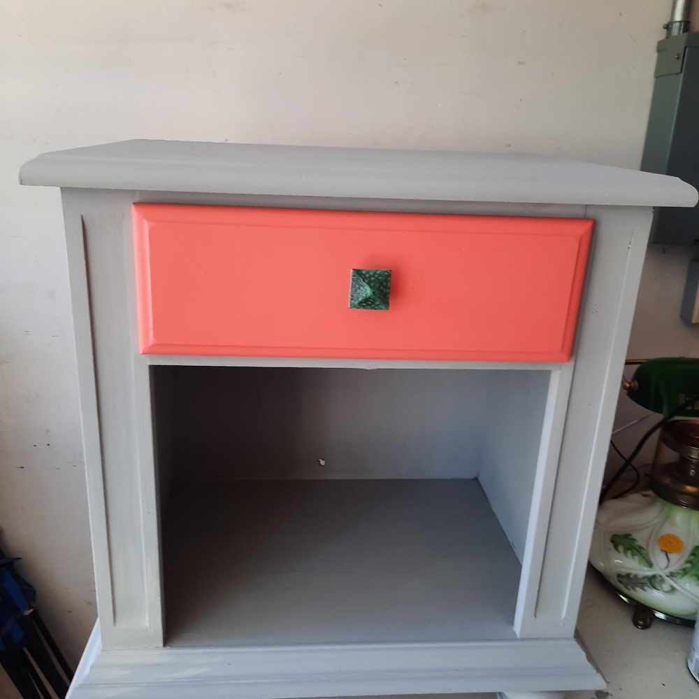 Flamingo with teal drawer pull nightstand